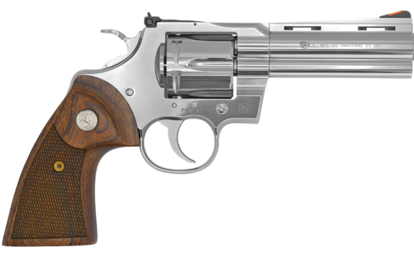 Colt Mfg Python 38 Special/357 Mag 6 Shot 4.25" Stainless Vent Recessed Target/Vent Rib Barrel, Cylinder & Frame, Walnut w/Colt Medallion Grip