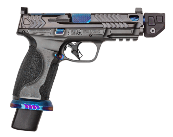 "ON HAND AND BRAND NEW RELEASE FROM SHOT SHOW" Smith & Wesson M&P9 PC Spec Series V Bundle Full Size Frame 9mm Luger 23+1 4.88" Blue PVD Threaded w/Compensator Barrel, Gray Armornite Optic Cut/Serrated Stainless Steel Slide & Frame w/Picatinny Rail, 3 Mags, Coin & Knife