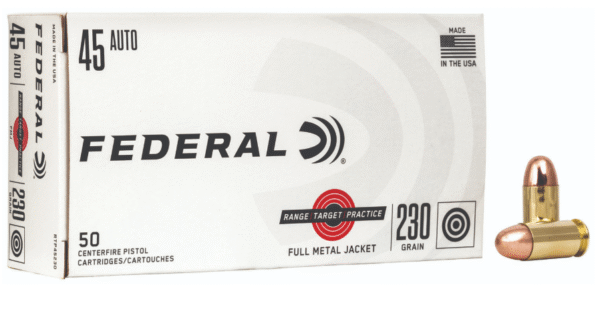 250 ROUNDS OF Federal Range & Target 45ACP 230gr Full Metal Jacket 50 Per Box/20 Case