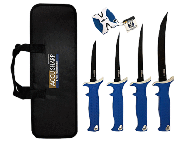 AccuSharp Knife Kit 4.75/5.50/6.50/8" Fixed Fillet Plain Satin Stainless Steel Blade/ Blue Non-Slip Grip TPR Handle Includes 2-Step Sharpener