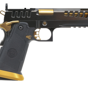 Watchtower Firearms Demolitia Elite Package Full Size Frame 9mm Luger 20+1 5" Gold Plated PVD Ported Barrel, Graphite PVD Optic Cut/Serrated Steel Slide, Graphite PVD Frame, Black Textured Grip
