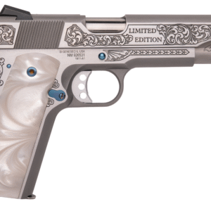 Cnc Firearms  Springfield 1911 Texas BBQ Limited Edition 45 ACP 7+1 5" Stainless Match Grade Barrel, Serrated w/Engraved Scrollwork Stainless Slide, Stainless Stainless Steel w/Nitre Blue Controls Frame, Pearlized Polymer Grip