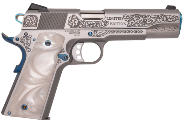 Cnc Firearms  Springfield 1911 Texas BBQ Limited Edition 45 ACP 7+1 5" Stainless Match Grade Barrel, Serrated w/Engraved Scrollwork Stainless Slide, Stainless Stainless Steel w/Nitre Blue Controls Frame, Pearlized Polymer Grip