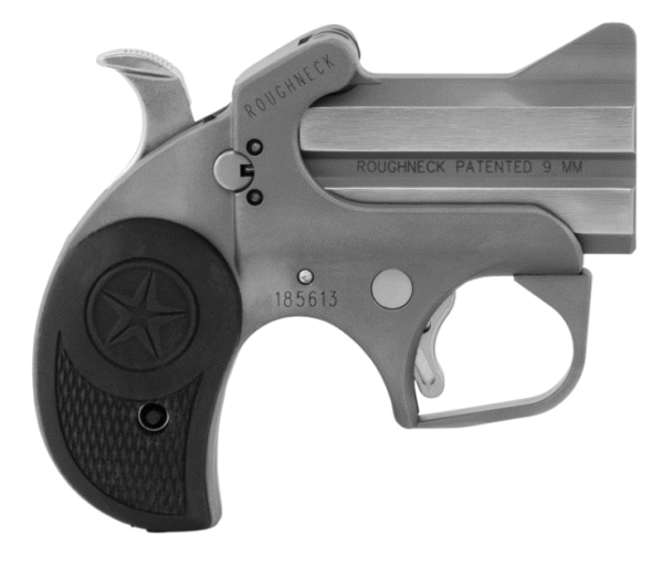 Bond Arms Roughneck 9mm Luger 2rd 2.50" Stainless Steel Double Barrel w/Bead Blasted Frame, Blade Front/Fixed Rear Sights, Rebounding Hammer, Rubber Grip, Manual Safety