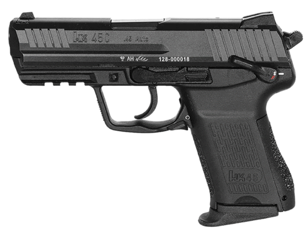 HK HK45C V1 Compact Frame 45 ACP 8+1 3.94" Black Polygonal Rifled Barrel, Black Serrated Steel Slide, Black Polymer Frame w/Picatinny Rail, Black Interchangeable Backstrap Grip, Ambidextrous