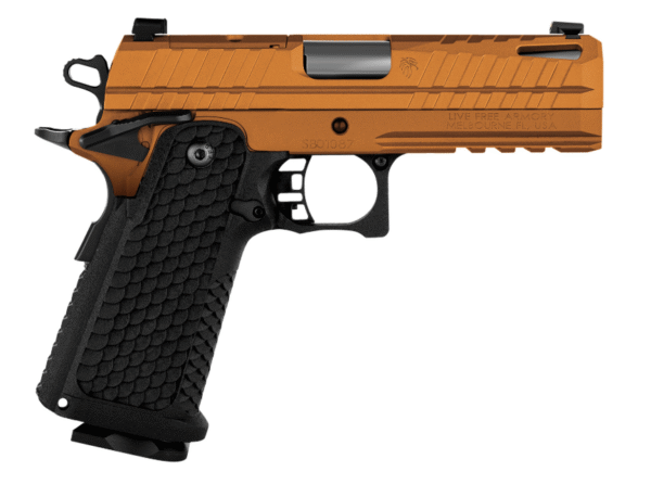 Live Free Armory Apollo 11 Compact 9mm Luger 17+1 4.15" Stainless Match Grade Barrel, Elite Copper FX Cerakote Optic Cut/Serrated Stainless Steel Slide & Steel Frame w/Beavertail & Picatinny Rail, Textured Grip