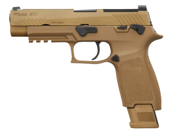 Sig Sauer M17 Commercial Full Size Frame 9mm Luger 21+1 4.70" Black DLC Carbon Steel Barrel, Coyote PVD Optic Ready/Serrated Stainless Steel Slide, Coyote PVD Stainless Steel Frame w/Beavertail & Picatinny Rail, Medium Grip