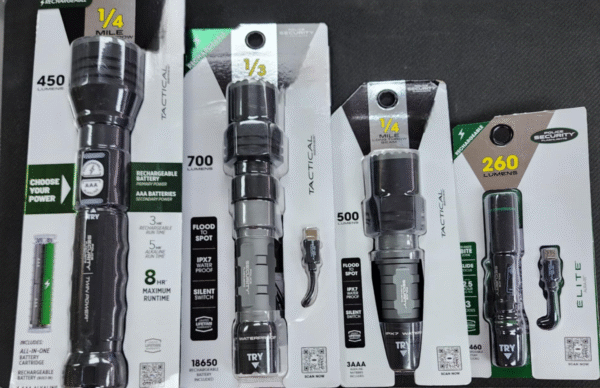 AT COST, 4 TOTAL SECURITY FLASHLIGHT OF VARIOUS SIZES PERFECT FOR WHEN THAT POWER GOES OUT OR WHEN YA CANT SEE WHAT YOU ARE DOING