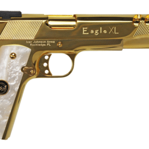 ON HAND, Iver Johnson Arms Golden Eagle XL Deluxe Full Size Frame 10mm Auto 8+1 6" 24K Gold Plated Ported Barrel, Serrated w/Ports Steel Slide & Frame w/Beavertail, Synthetic White Pearl w/Iver Johnson Logo Grip