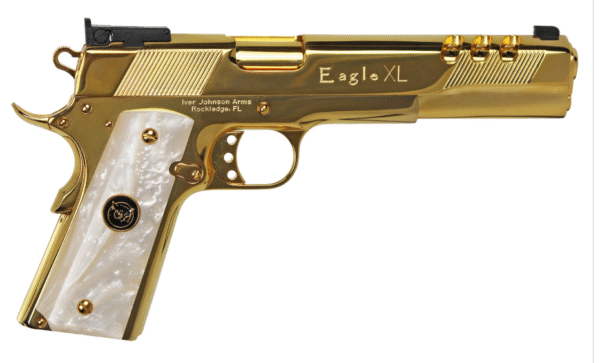 ON HAND, Iver Johnson Arms Golden Eagle XL Deluxe Full Size Frame 10mm Auto 8+1 6" 24K Gold Plated Ported Barrel, Serrated w/Ports Steel Slide & Frame w/Beavertail, Synthetic White Pearl w/Iver Johnson Logo Grip